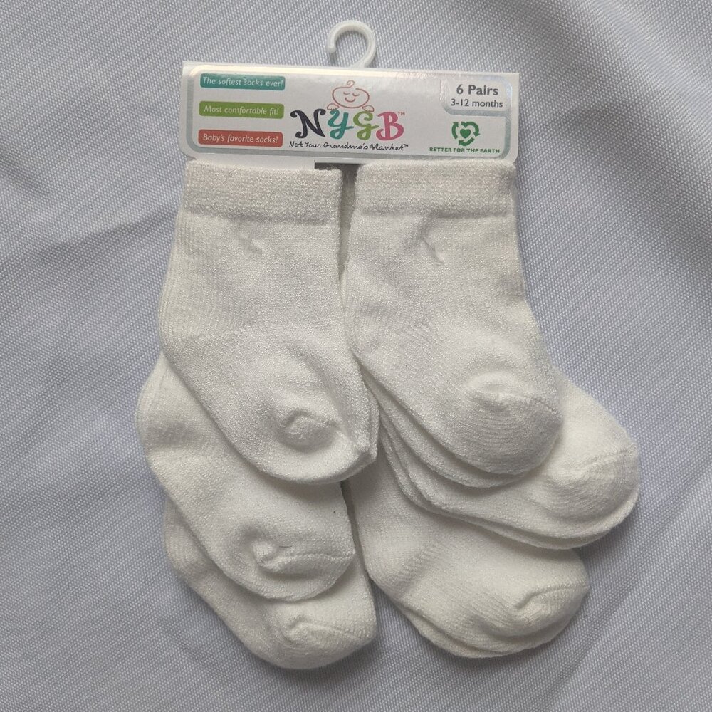NYGB White Baby Socks, 6 Pairs, 3-12 months